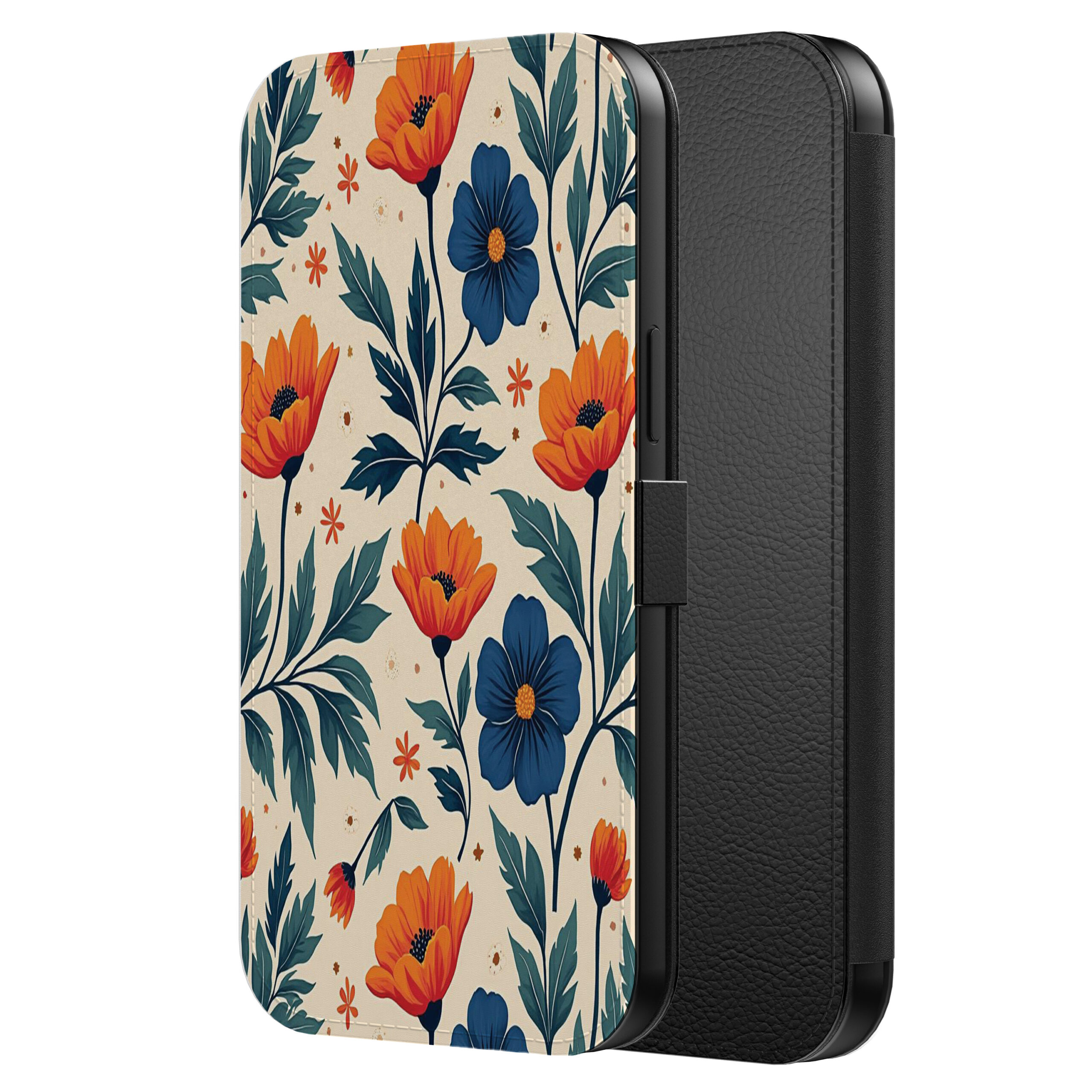 Leren bookcase hoesje iPhone 13 Pro met blauwe en rode bloemen opdruk en pasjeshouder (2)