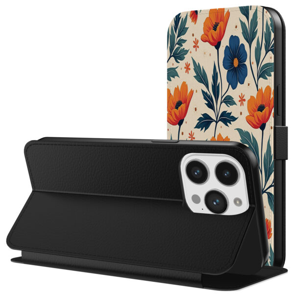 Leren bookcase hoesje iPhone 13 Pro met blauwe en rode bloemen opdruk en pasjeshouder (3)
