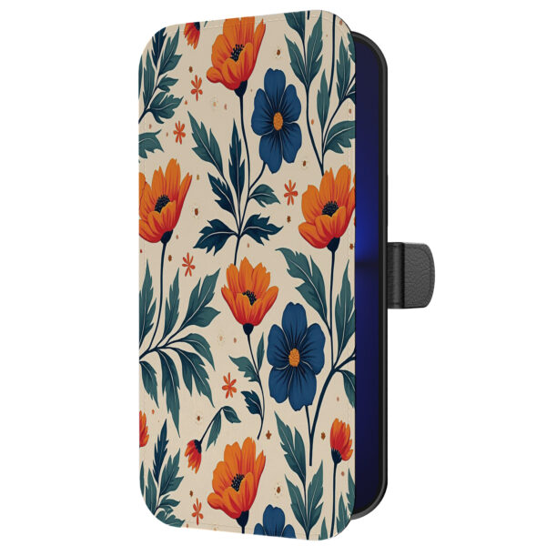 Leren bookcase hoesje iPhone 13 Pro met blauwe en rode bloemen opdruk en pasjeshouder (5)