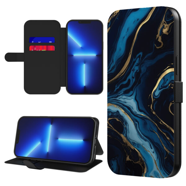 Leren bookcase hoesje iPhone 13 Pro met goud blauw marmer opdruk en pasjeshouder (1)