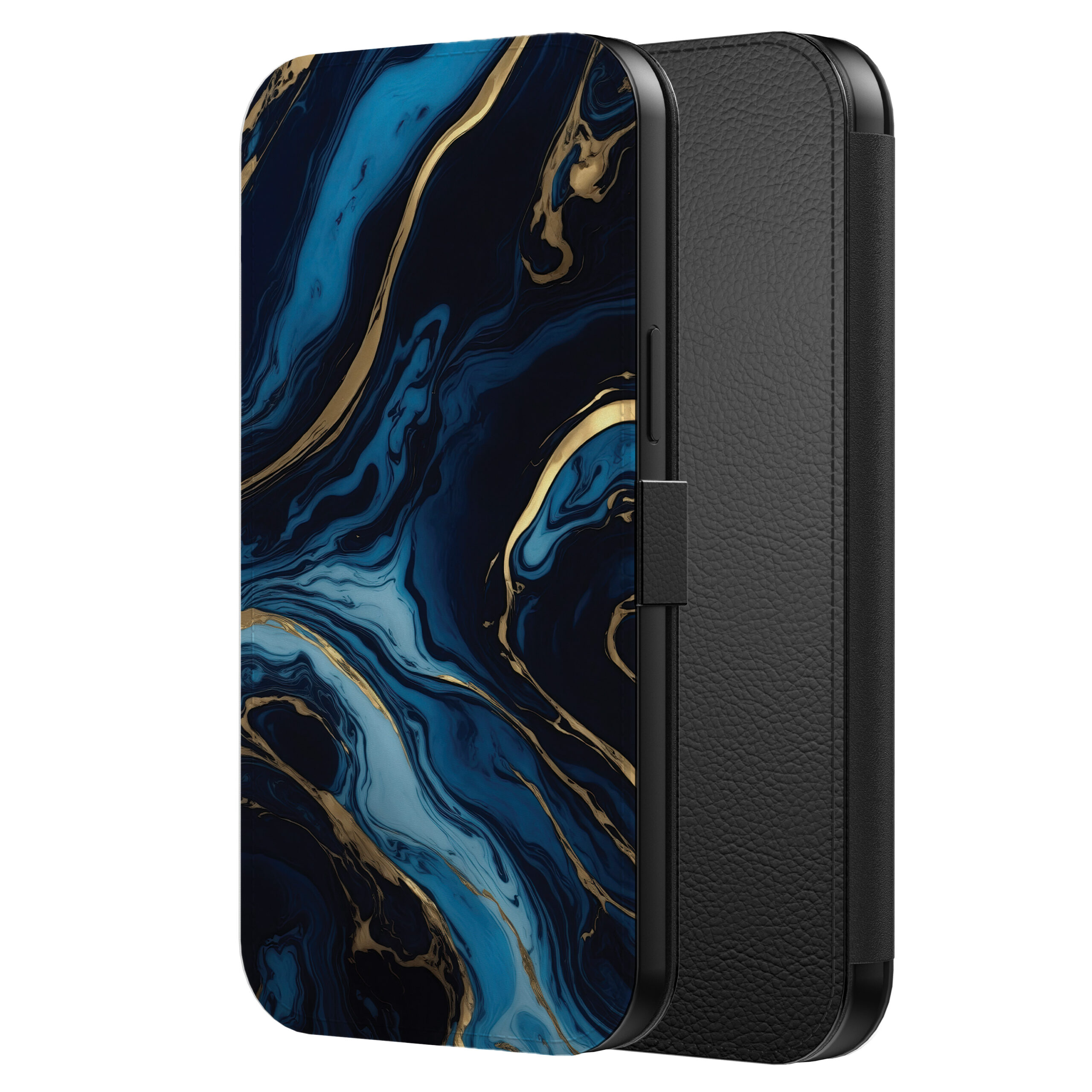 Leren bookcase hoesje iPhone 13 Pro met goud blauw marmer opdruk en pasjeshouder (2)