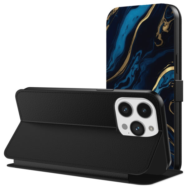 Leren bookcase hoesje iPhone 13 Pro met goud blauw marmer opdruk en pasjeshouder (3)