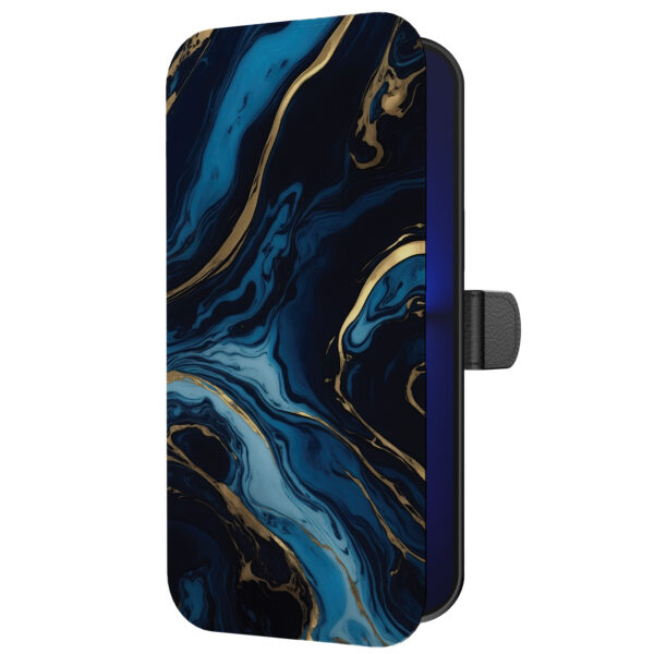 Leren bookcase hoesje iPhone 13 Pro met goud blauw marmer opdruk en pasjeshouder (5)