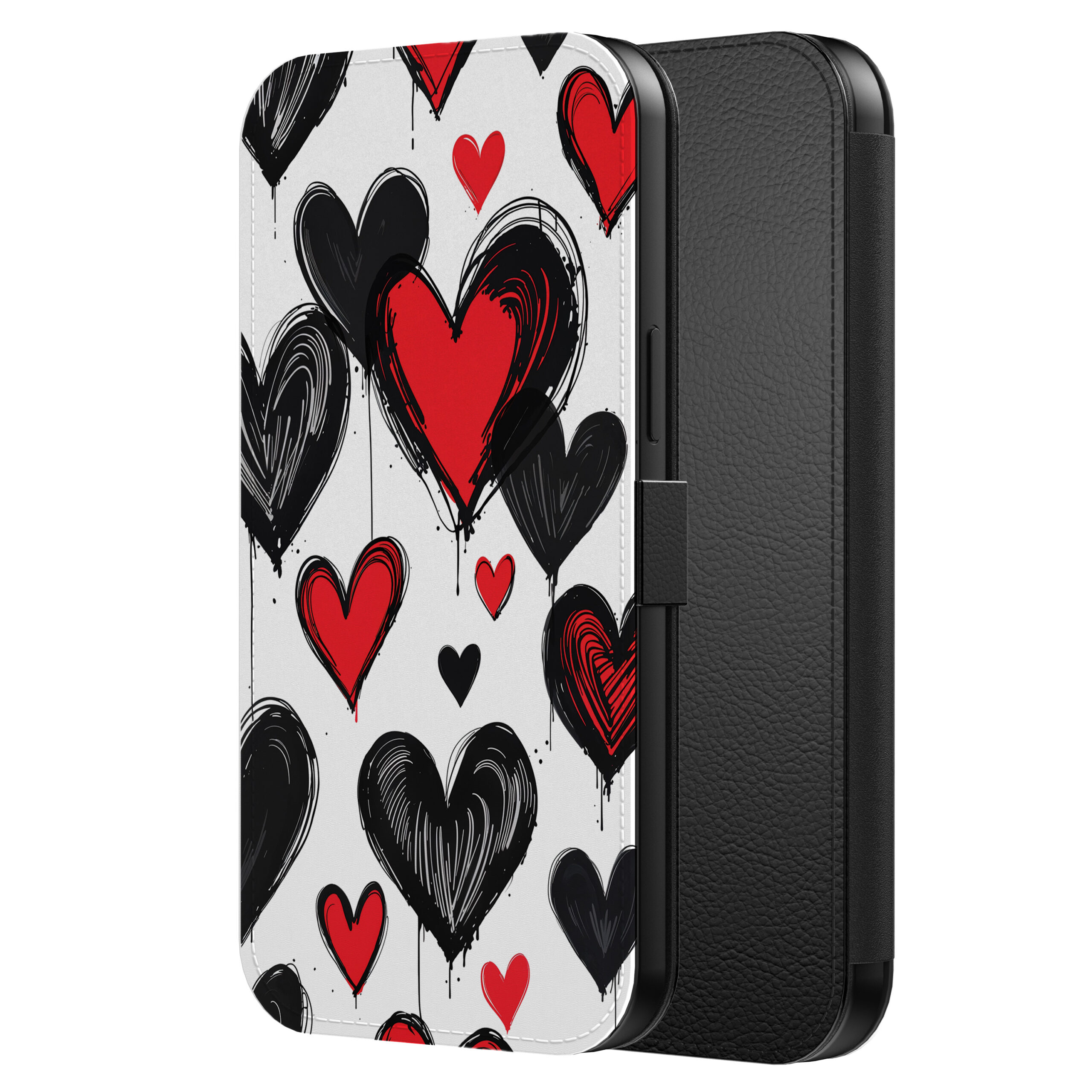 Leren bookcase hoesje iPhone 13 Pro met hartjes opdruk en pasjeshouder (2)
