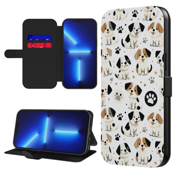 Leren bookcase hoesje iPhone 13 Pro met honden en pootjes opdruk en pasjeshouder (1)