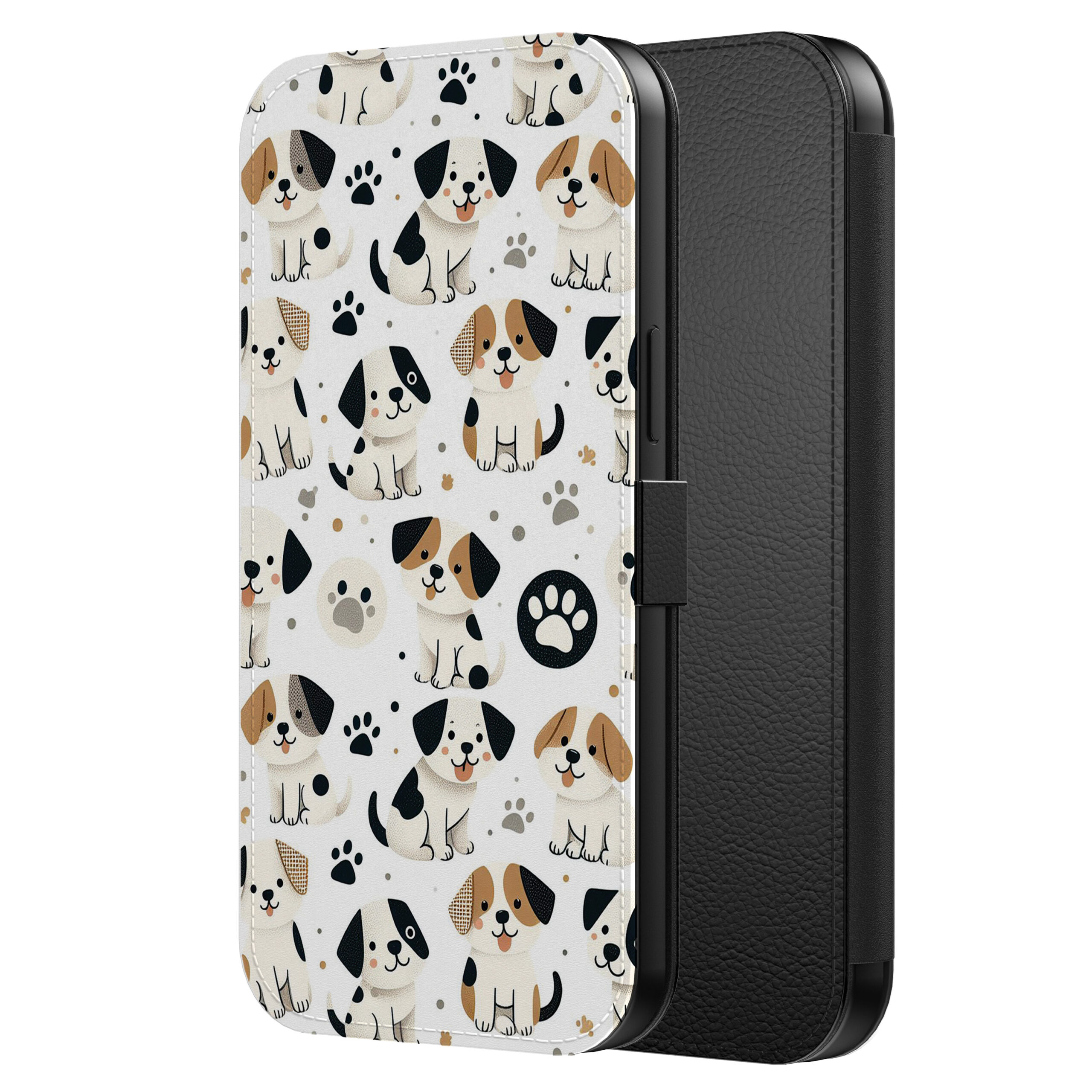 Leren bookcase hoesje iPhone 13 Pro met honden en pootjes opdruk en pasjeshouder (2)