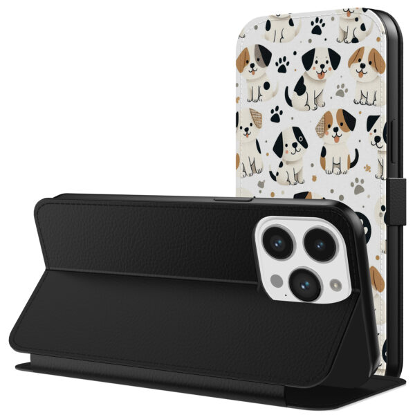 Leren bookcase hoesje iPhone 13 Pro met honden en pootjes opdruk en pasjeshouder (3)