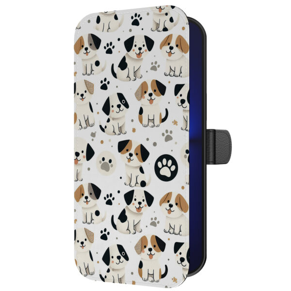 Leren bookcase hoesje iPhone 13 Pro met honden en pootjes opdruk en pasjeshouder (5)