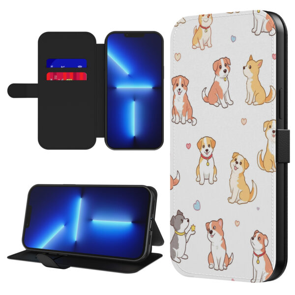 Leren bookcase hoesje iPhone 13 Pro met honden opdruk en pasjeshouder (1)