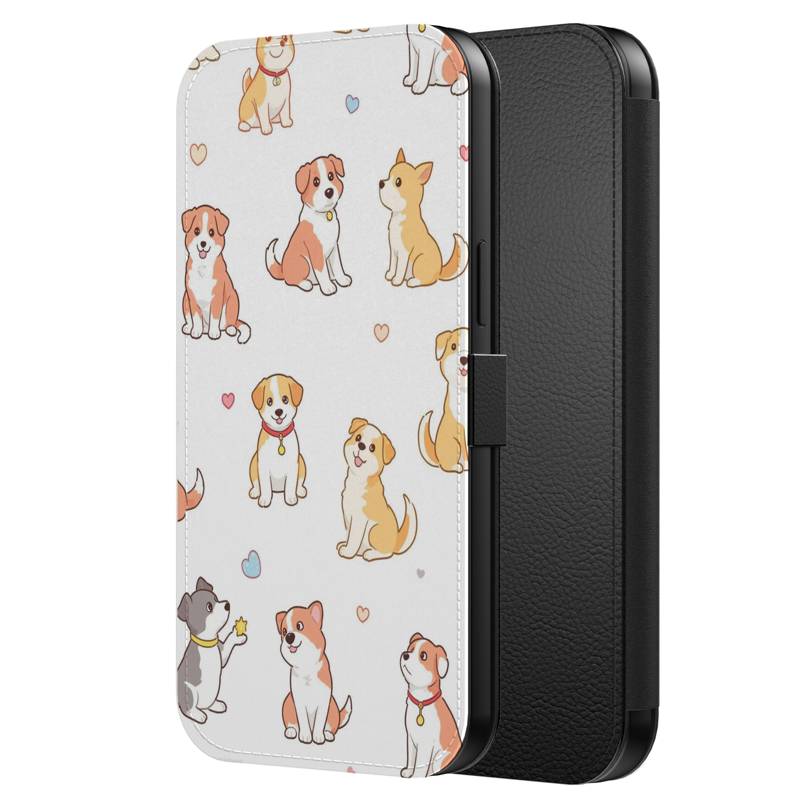 Leren bookcase hoesje iPhone 13 Pro met honden opdruk en pasjeshouder (2)