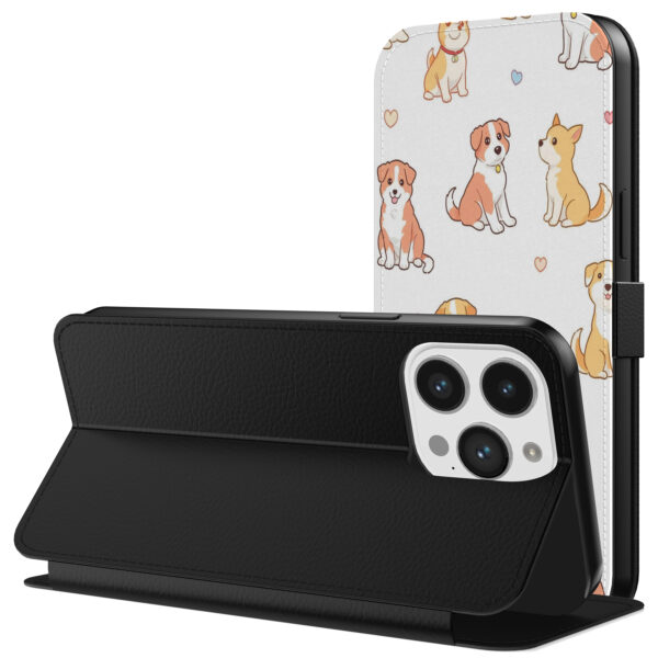 Leren bookcase hoesje iPhone 13 Pro met honden opdruk en pasjeshouder (3)