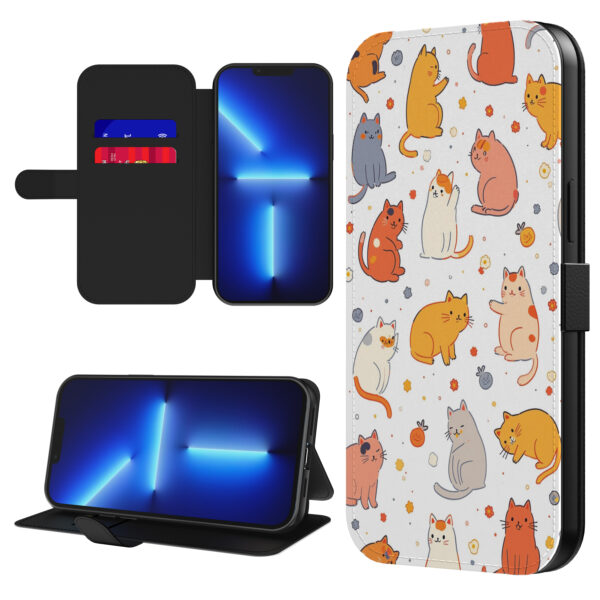 Leren bookcase hoesje iPhone 13 Pro met katten opdruk en pasjeshouder (1)