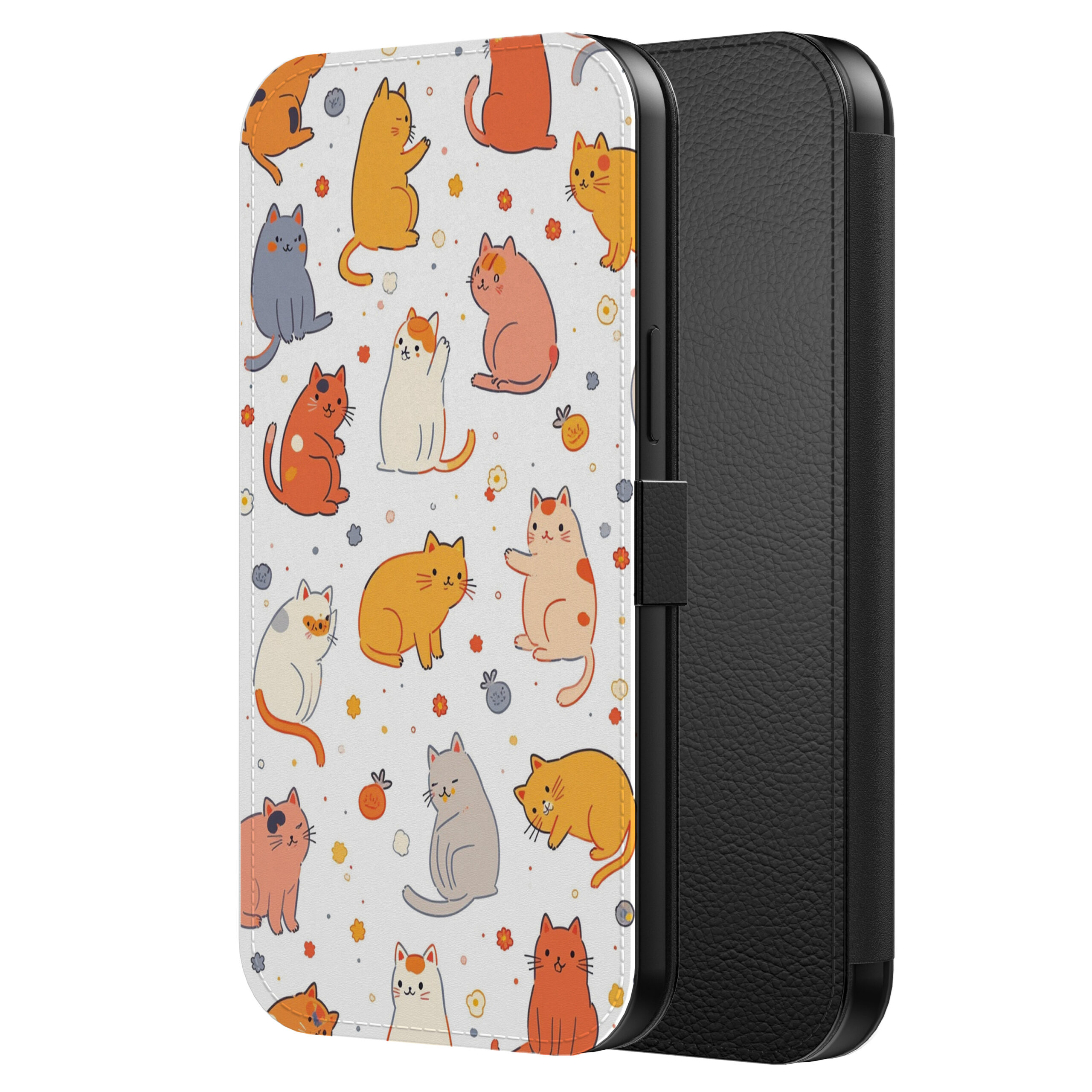 Leren bookcase hoesje iPhone 13 Pro met katten opdruk en pasjeshouder (2)