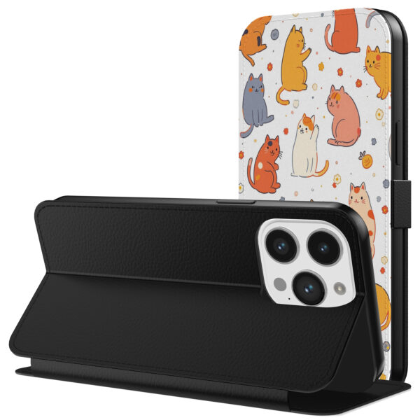 Leren bookcase hoesje iPhone 13 Pro met katten opdruk en pasjeshouder (3)