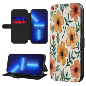 Leren bookcase hoesje iPhone 13 Pro met oranje en rode bloemen opdruk en pasjeshouder (1)