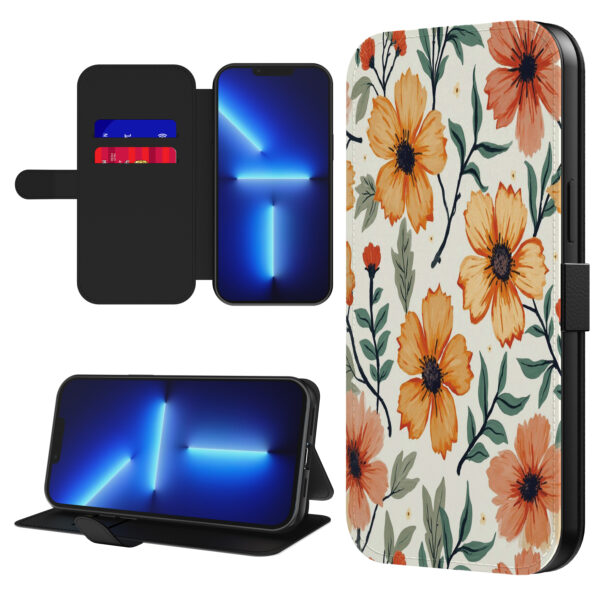 Leren bookcase hoesje iPhone 13 Pro met oranje en rode bloemen opdruk en pasjeshouder (1)