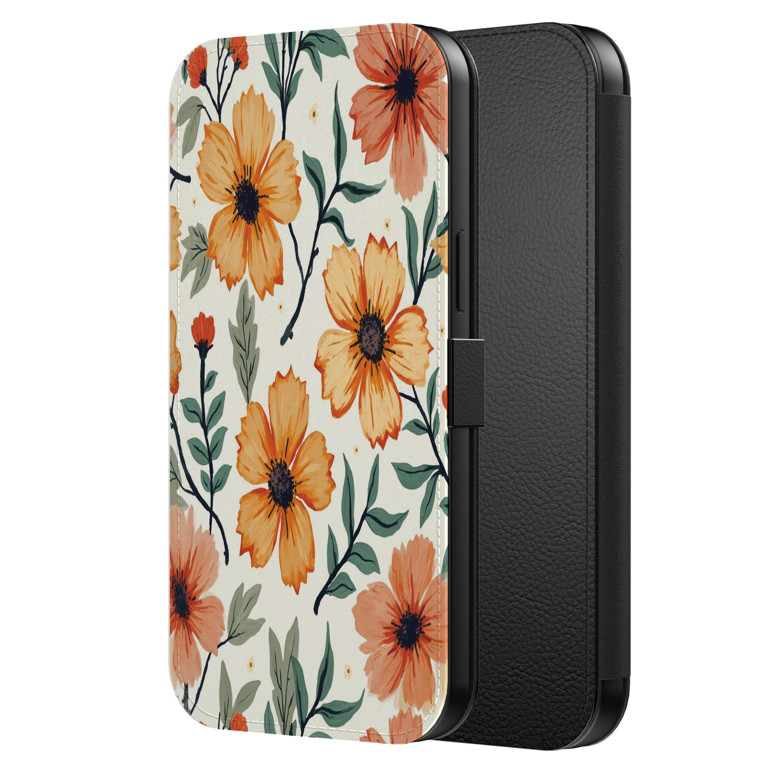 Leren bookcase hoesje iPhone 13 Pro met oranje en rode bloemen opdruk en pasjeshouder (2)