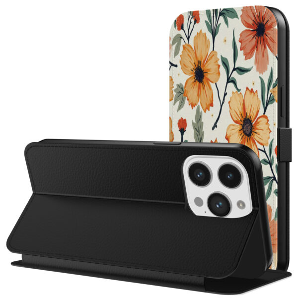 Leren bookcase hoesje iPhone 13 Pro met oranje en rode bloemen opdruk en pasjeshouder (3)