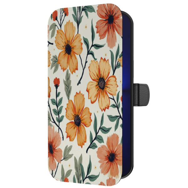 Leren bookcase hoesje iPhone 13 Pro met oranje en rode bloemen opdruk en pasjeshouder (5)