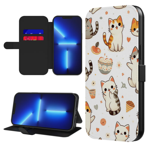 Leren bookcase hoesje iPhone 13 Pro met poezen opdruk en pasjeshouder (1)