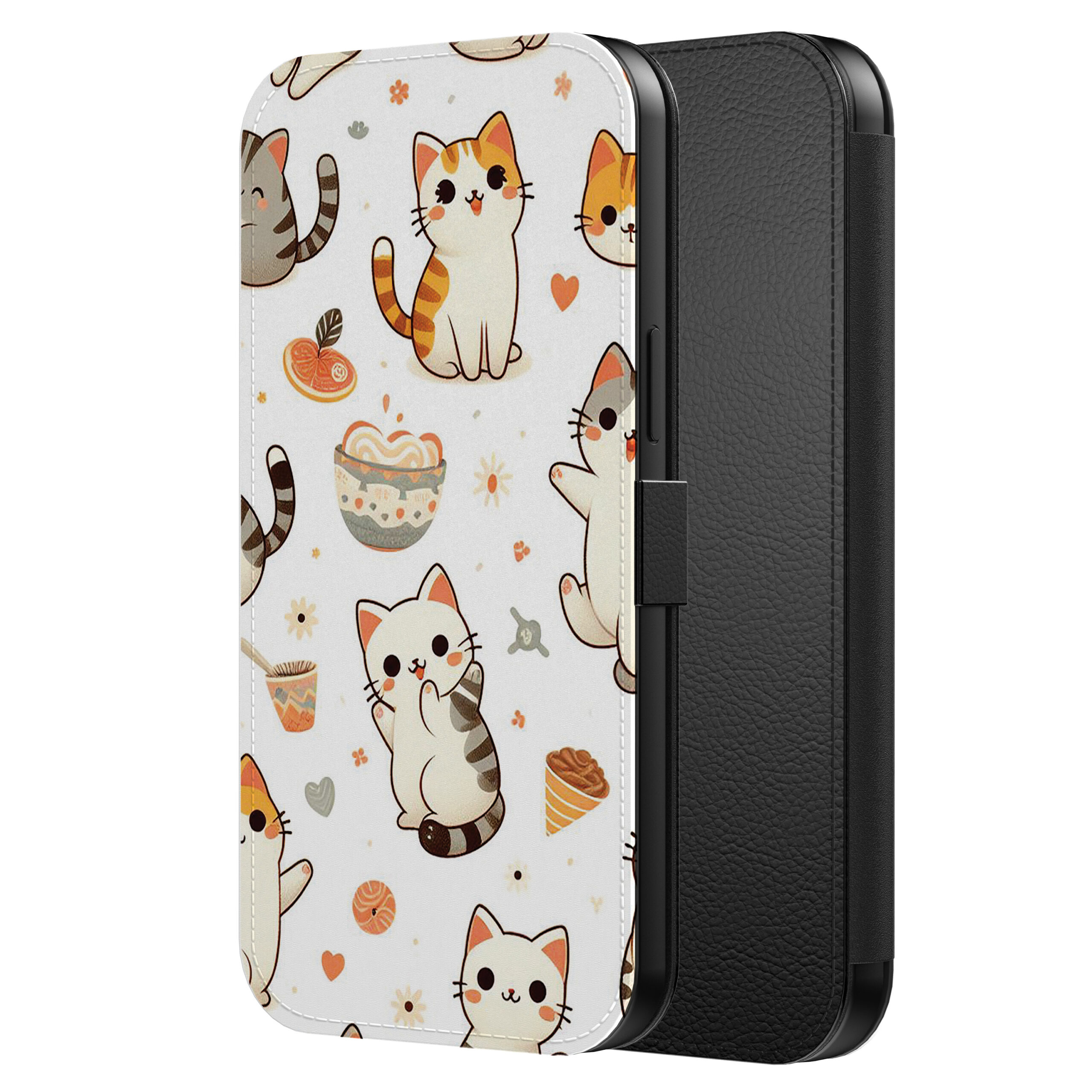 Leren bookcase hoesje iPhone 13 Pro met poezen opdruk en pasjeshouder (2)