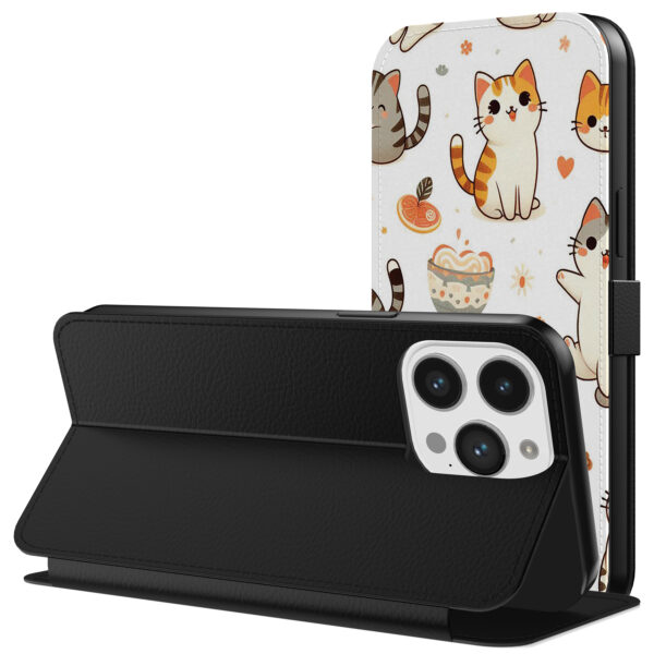 Leren bookcase hoesje iPhone 13 Pro met poezen opdruk en pasjeshouder (3)