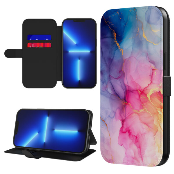 Leren bookcase hoesje iPhone 13 Pro met regenboog marmer opdruk en pasjeshouder (1)