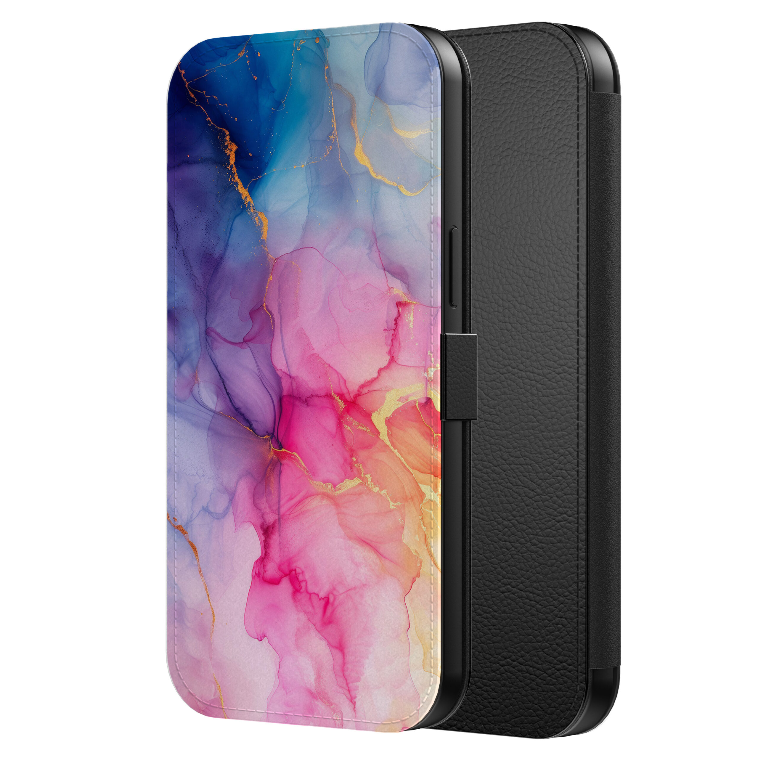 Leren bookcase hoesje iPhone 13 Pro met regenboog marmer opdruk en pasjeshouder (2)