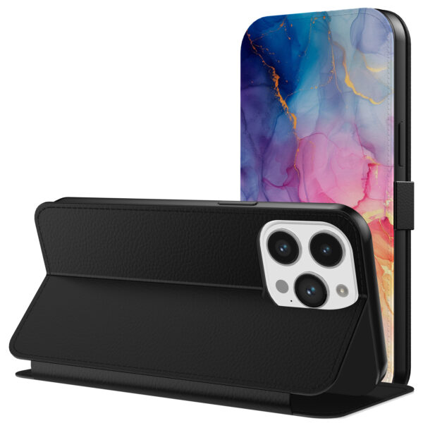 Leren bookcase hoesje iPhone 13 Pro met regenboog marmer opdruk en pasjeshouder (3)