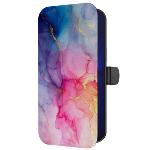 Leren bookcase hoesje iPhone 13 Pro met regenboog marmer opdruk en pasjeshouder (5)