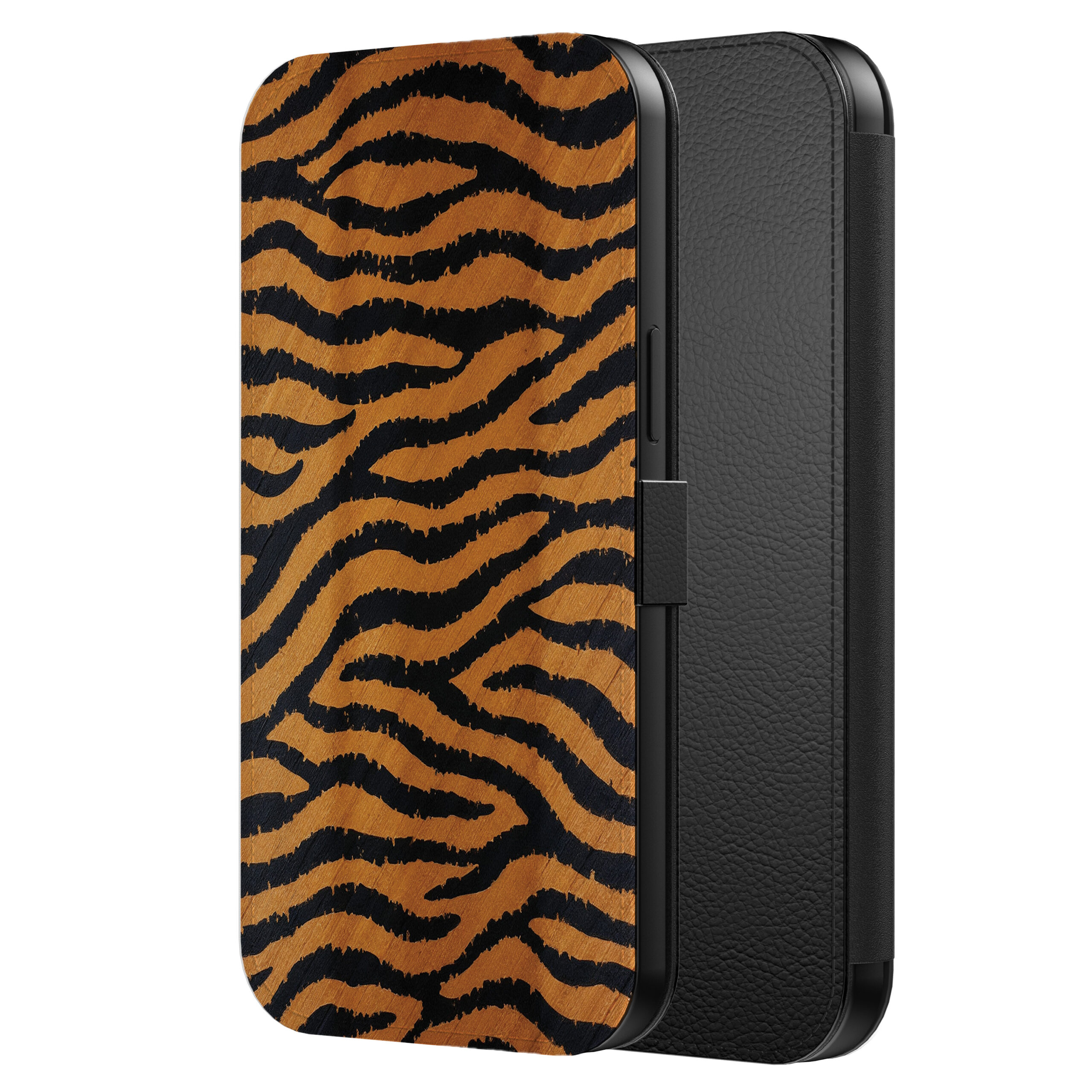 Leren bookcase hoesje iPhone 13 Pro met tijger opdruk en pasjeshouder (2)