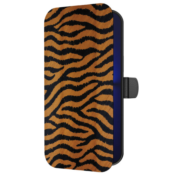 Leren bookcase hoesje iPhone 13 Pro met tijger opdruk en pasjeshouder (4)