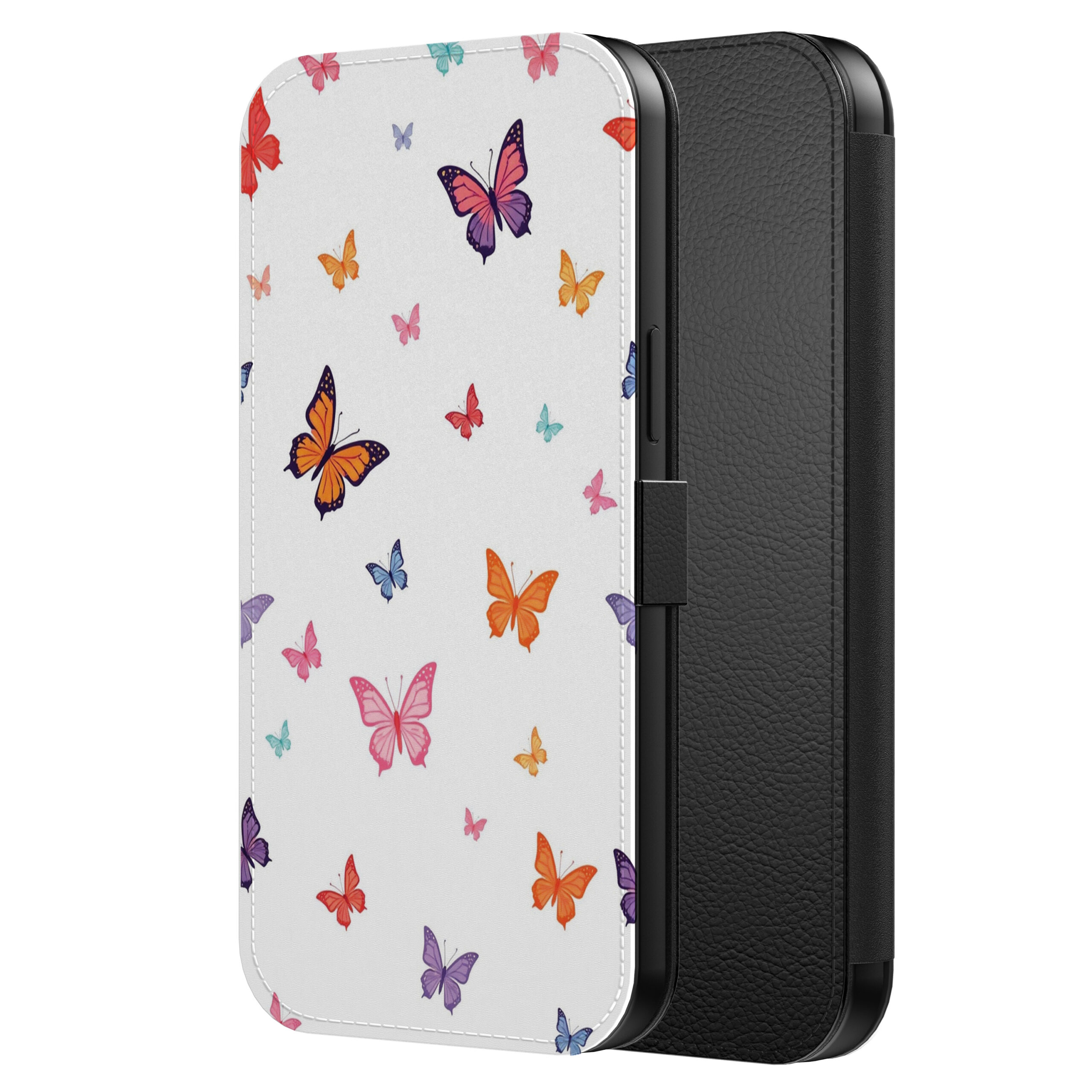 Leren bookcase hoesje iPhone 13 Pro met vlinder opdruk en pasjeshouder (2)