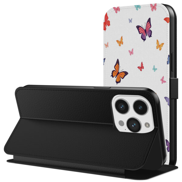 Leren bookcase hoesje iPhone 13 Pro met vlinder opdruk en pasjeshouder (3)