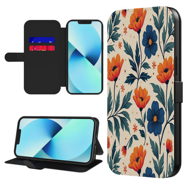 Leren bookcase hoesje iPhone 13 met blauwe en rode bloemen opdruk en pasjeshouder (1)