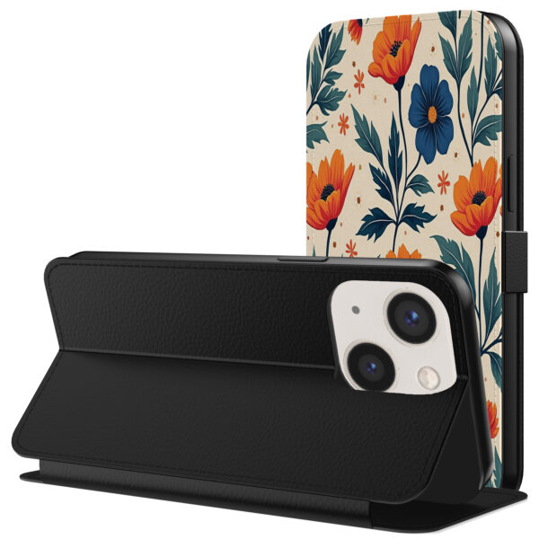 Leren bookcase hoesje iPhone 13 met blauwe en rode bloemen opdruk en pasjeshouder (3)