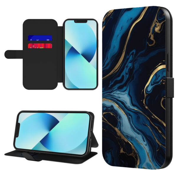 Leren bookcase hoesje iPhone 13 met goud blauw marmer opdruk en pasjeshouder (1)