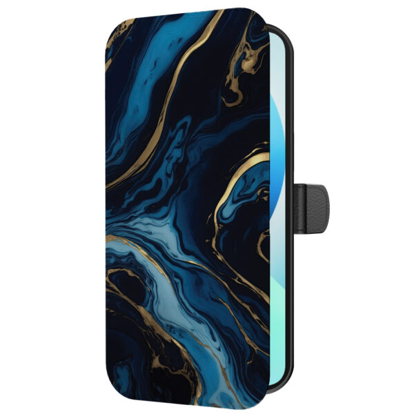 Leren bookcase hoesje iPhone 13 met goud blauw marmer opdruk en pasjeshouder (5)