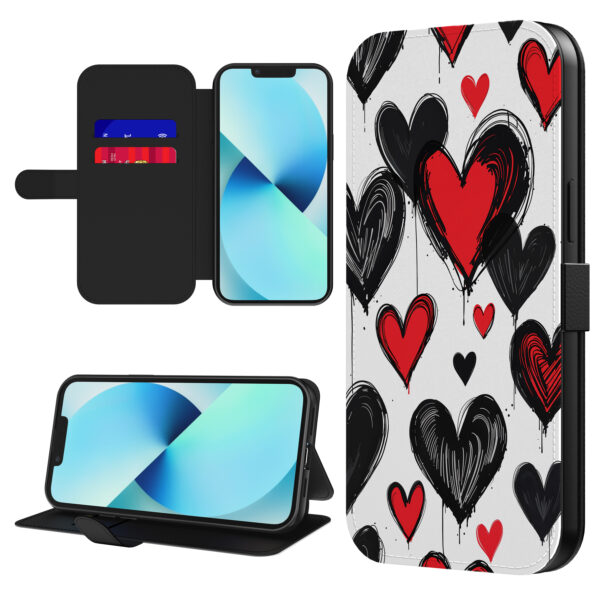 Leren bookcase hoesje iPhone 13 met hartjes opdruk en pasjeshouder (1)
