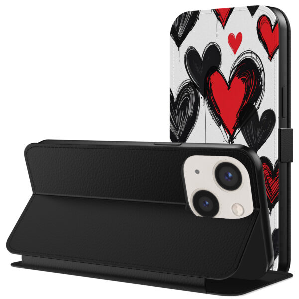 Leren bookcase hoesje iPhone 13 met hartjes opdruk en pasjeshouder (3)