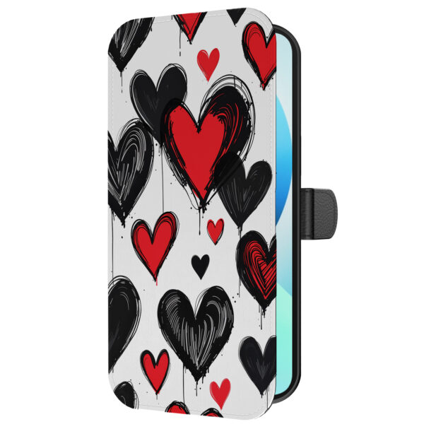 Leren bookcase hoesje iPhone 13 met hartjes opdruk en pasjeshouder (5)