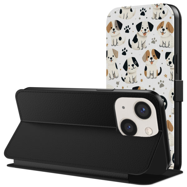 Leren bookcase hoesje iPhone 13 met honden en pootjes opdruk en pasjeshouder (3)