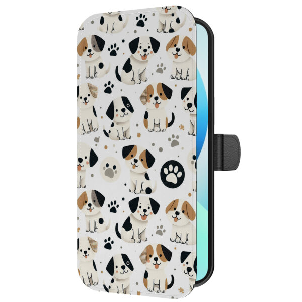 Leren bookcase hoesje iPhone 13 met honden en pootjes opdruk en pasjeshouder (5)