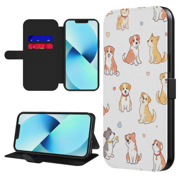 Leren bookcase hoesje iPhone 13 met honden opdruk en pasjeshouder (1)