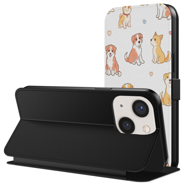 Leren bookcase hoesje iPhone 13 met honden opdruk en pasjeshouder (3)