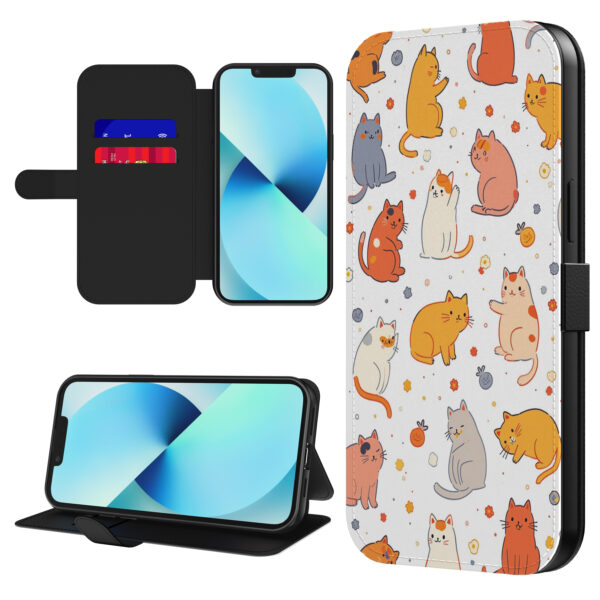 Leren bookcase hoesje iPhone 13 met katten opdruk en pasjeshouder (1)