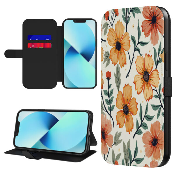 Leren bookcase hoesje iPhone 13 met oranje en rode bloemen opdruk en pasjeshouder (1)