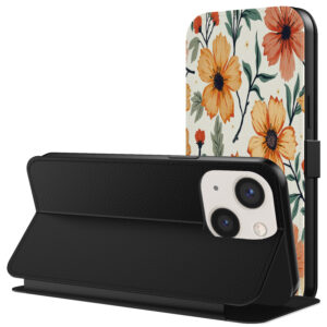 Leren bookcase hoesje iPhone 13 met oranje en rode bloemen opdruk en pasjeshouder (3)