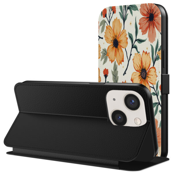 Leren bookcase hoesje iPhone 13 met oranje en rode bloemen opdruk en pasjeshouder (3)