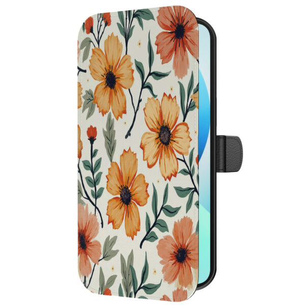 Leren bookcase hoesje iPhone 13 met oranje en rode bloemen opdruk en pasjeshouder (5)